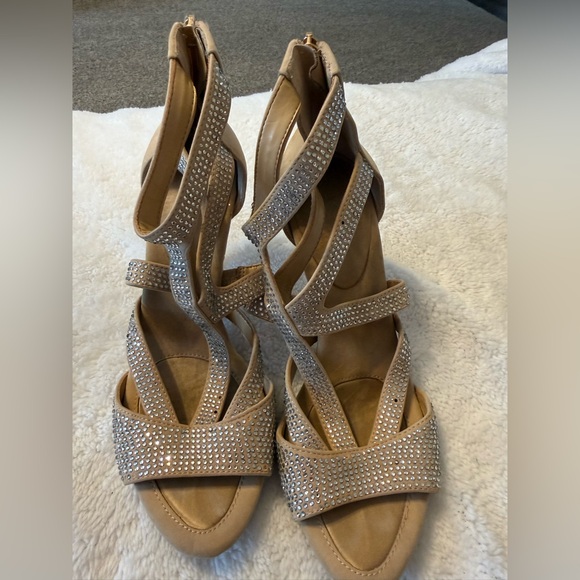 BCBGeneration Shoes - BCBGeneration Tan Strappy Heels with Rhinestones